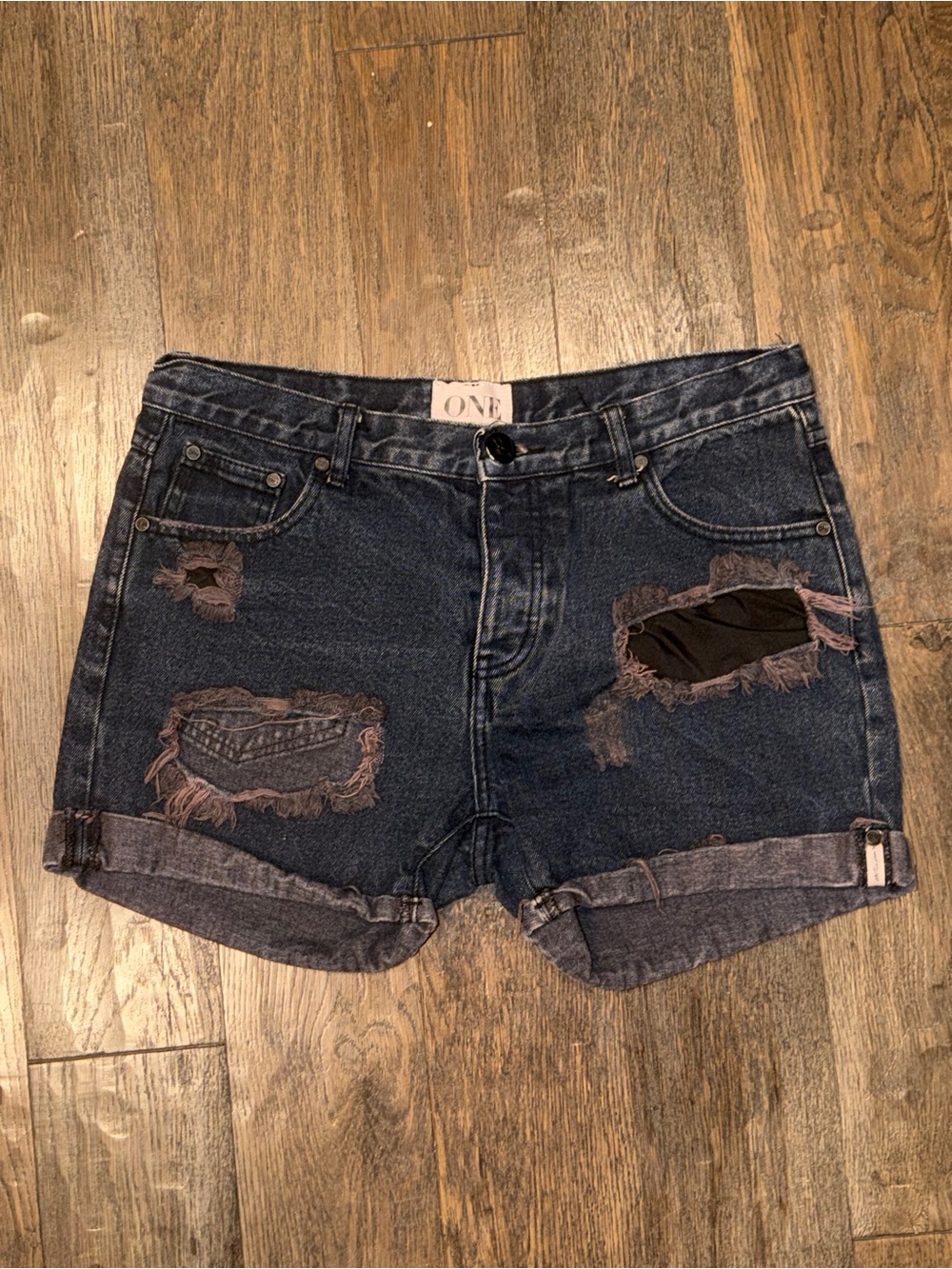 One Teaspoon Chargers Dark Indigo Distressed Denim Shorts